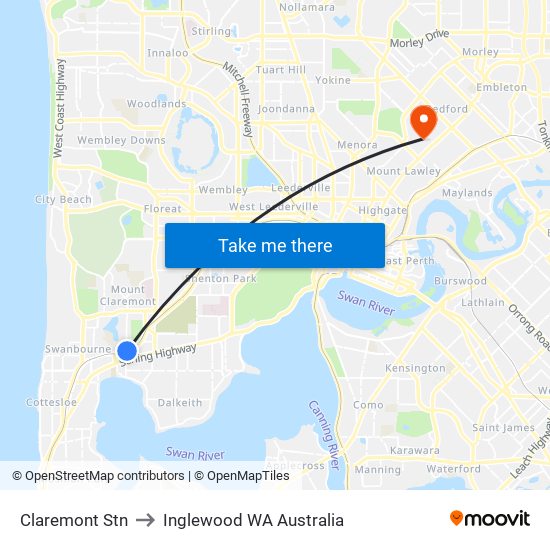 Claremont Stn to Inglewood WA Australia map