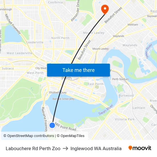 Labouchere Rd Perth Zoo to Inglewood WA Australia map