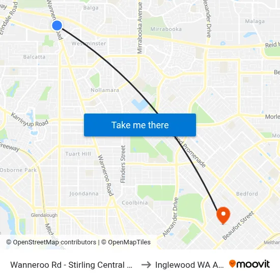 Wanneroo Rd - Stirling Central Shopping Ctr to Inglewood WA Australia map