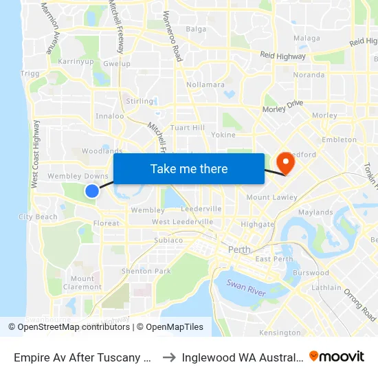 Empire Av After Tuscany Wy to Inglewood WA Australia map