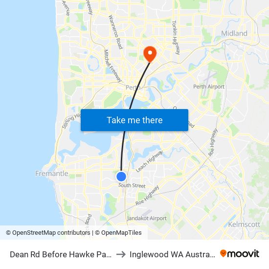 Dean Rd Before Hawke Pass to Inglewood WA Australia map