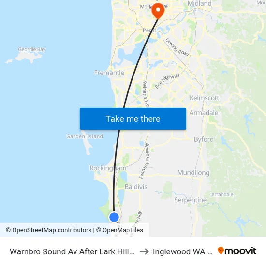 Warnbro Sound Av After Lark Hill Sports Complex to Inglewood WA Australia map