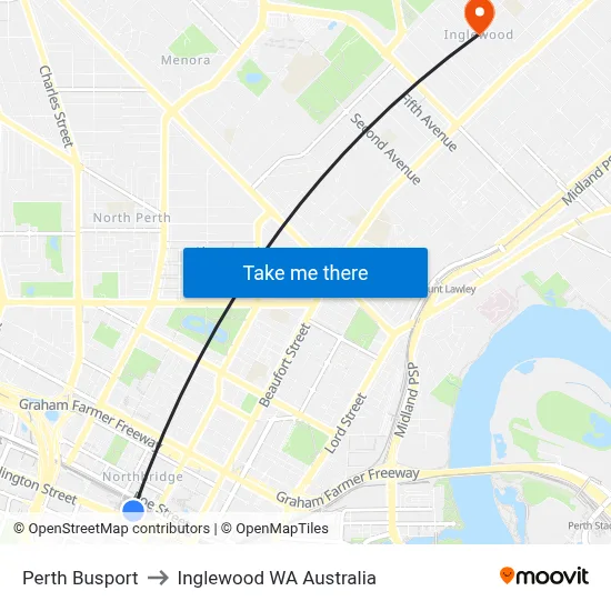 Perth Busport to Inglewood WA Australia map