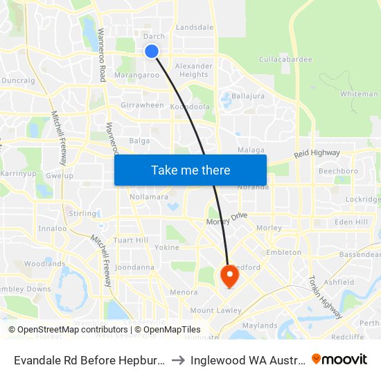 Evandale Rd Before Hepburn Av to Inglewood WA Australia map