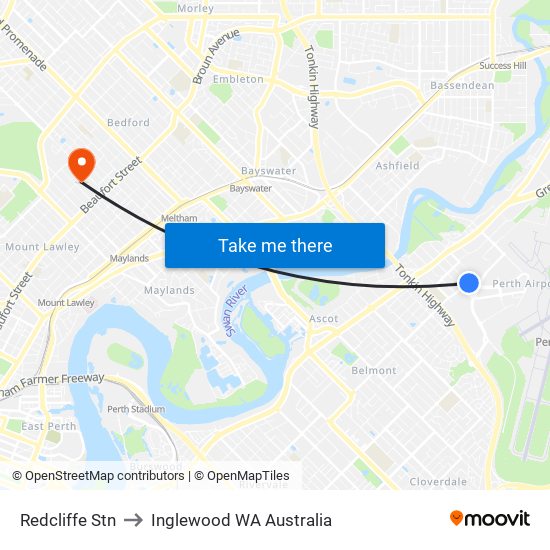Redcliffe Stn to Inglewood WA Australia map