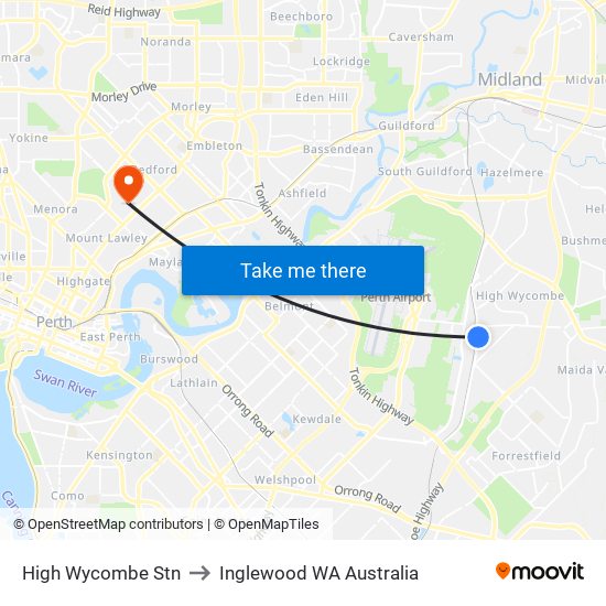 High Wycombe Stn to Inglewood WA Australia map