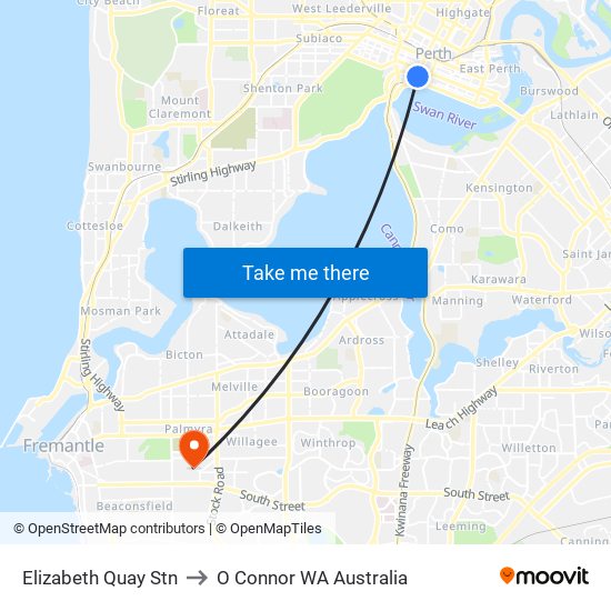 Elizabeth Quay Stn to O Connor WA Australia map