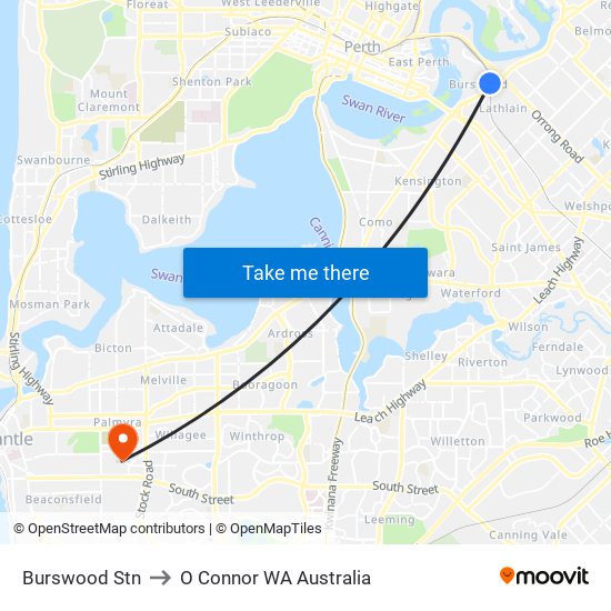 Burswood Stn to O Connor WA Australia map