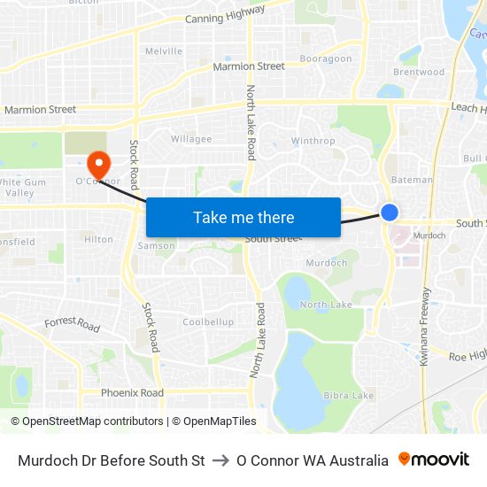 Murdoch Dr Before South St to O Connor WA Australia map