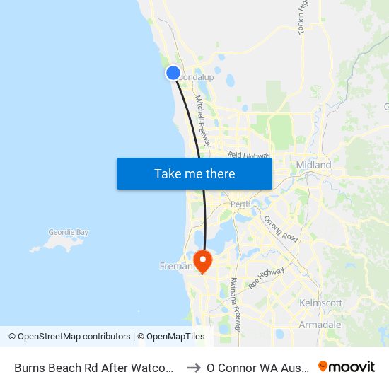 Burns Beach Rd After Watcombe Av to O Connor WA Australia map