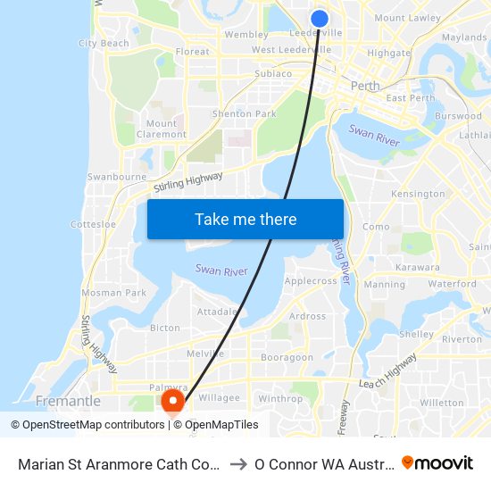 Marian St Aranmore Cath College to O Connor WA Australia map