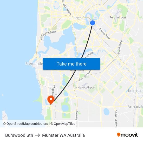 Burswood Stn to Munster WA Australia map