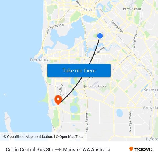 Curtin Central Bus Stn to Munster WA Australia map