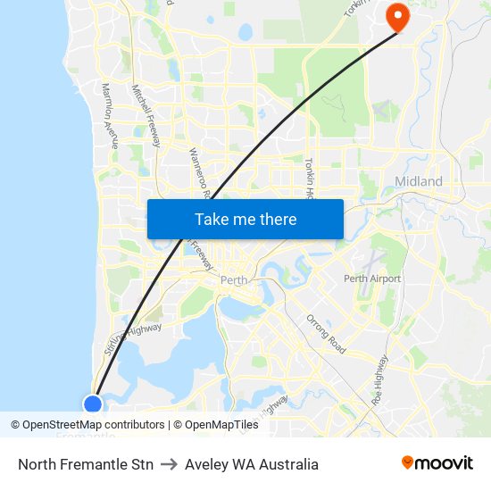 North Fremantle Stn to Aveley WA Australia map