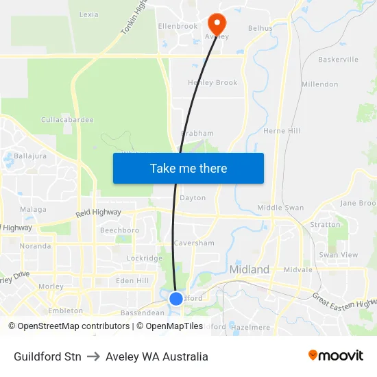 Guildford Stn to Aveley WA Australia map