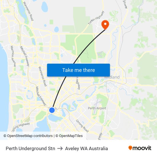Perth Underground Stn to Aveley WA Australia map