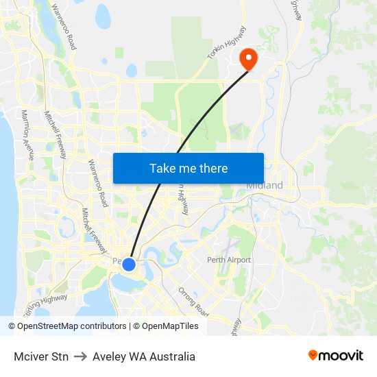 Mciver Stn to Aveley WA Australia map