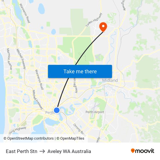 East Perth Stn to Aveley WA Australia map