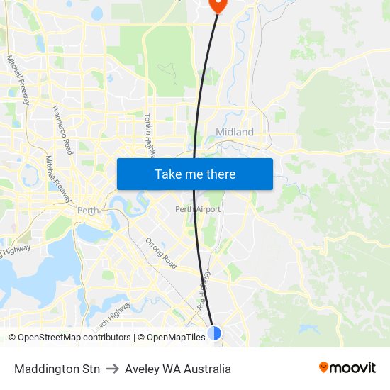 Maddington Stn to Aveley WA Australia map