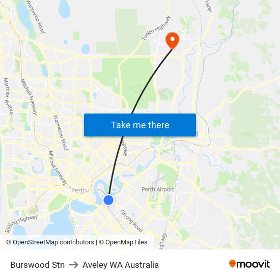 Burswood Stn to Aveley WA Australia map