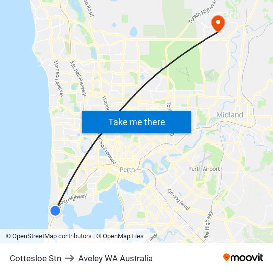 Cottesloe Stn to Aveley WA Australia map