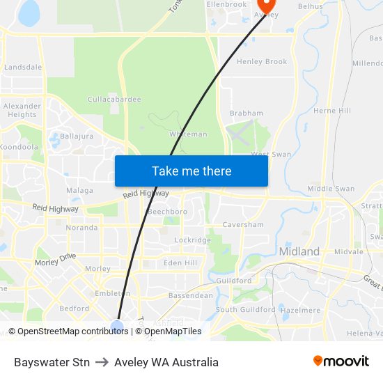 Bayswater Stn to Aveley WA Australia map