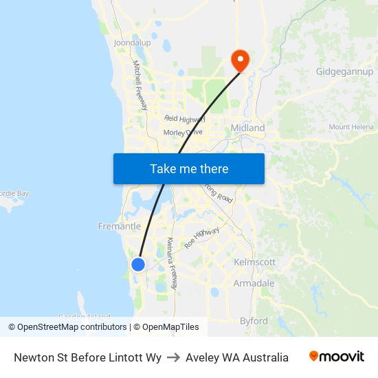 Newton St Before Lintott Wy to Aveley WA Australia map