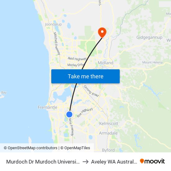 Murdoch Dr Murdoch University to Aveley WA Australia map