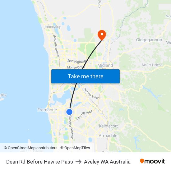 Dean Rd Before Hawke Pass to Aveley WA Australia map