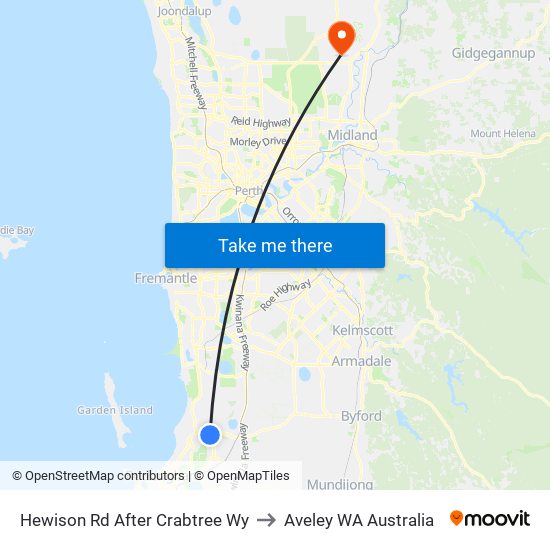 Hewison Rd After Crabtree Wy to Aveley WA Australia map