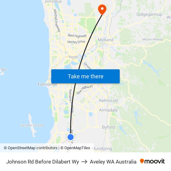 Johnson Rd Before Dilabert Wy to Aveley WA Australia map