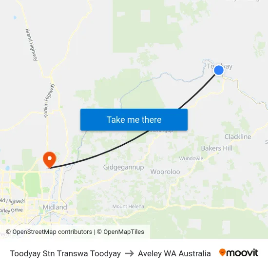 Toodyay Stn Transwa Toodyay to Aveley WA Australia map