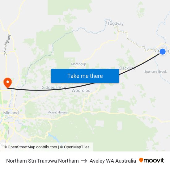 Northam Stn Transwa Northam to Aveley WA Australia map