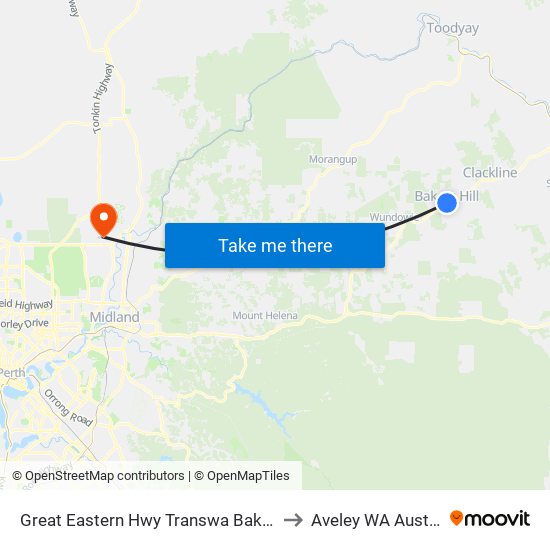 Great Eastern Hwy Transwa Bakers Hill to Aveley WA Australia map