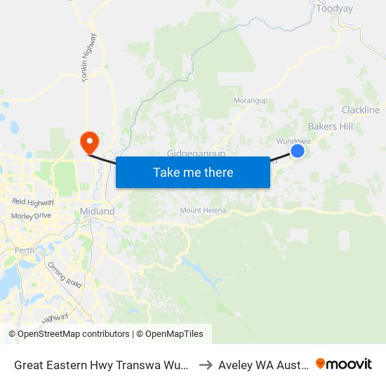 Great Eastern Hwy Transwa Wundowie to Aveley WA Australia map