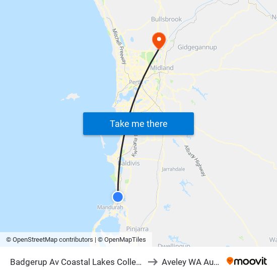 Badgerup Av Coastal Lakes College Stand 4 to Aveley WA Australia map