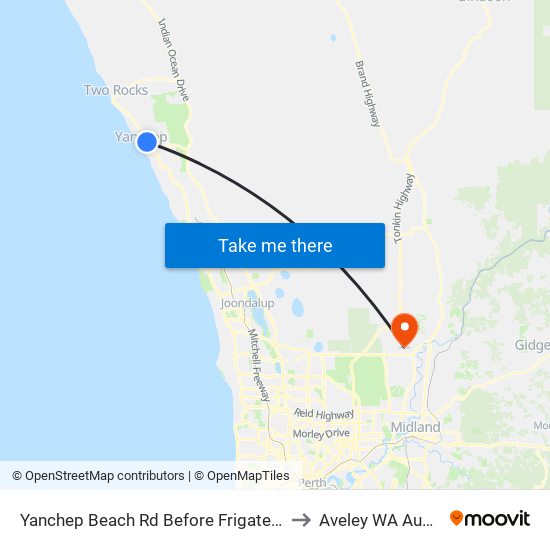 Yanchep Beach Rd Before Frigate Crescent to Aveley WA Australia map