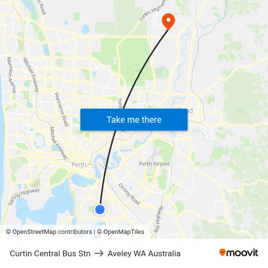 Curtin Central Bus Stn to Aveley WA Australia map