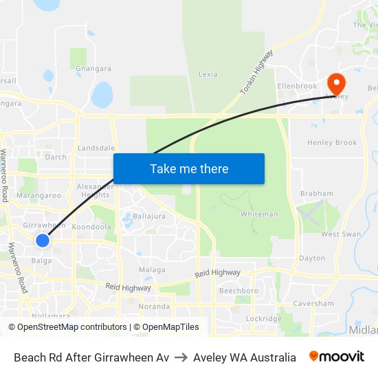 Beach Rd After Girrawheen Av to Aveley WA Australia map