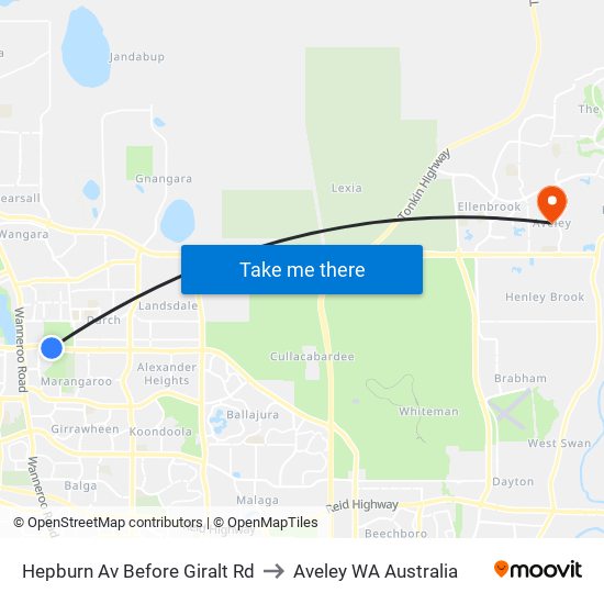 Hepburn Av Before Giralt Rd to Aveley WA Australia map