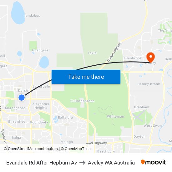 Evandale Rd After Hepburn Av to Aveley WA Australia map