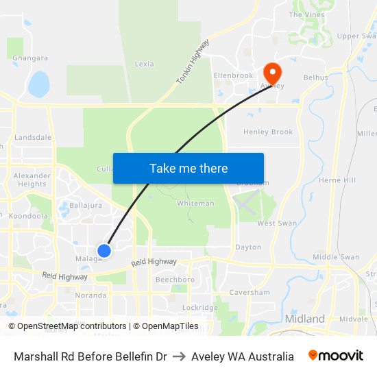 Marshall Rd Before Bellefin Dr to Aveley WA Australia map