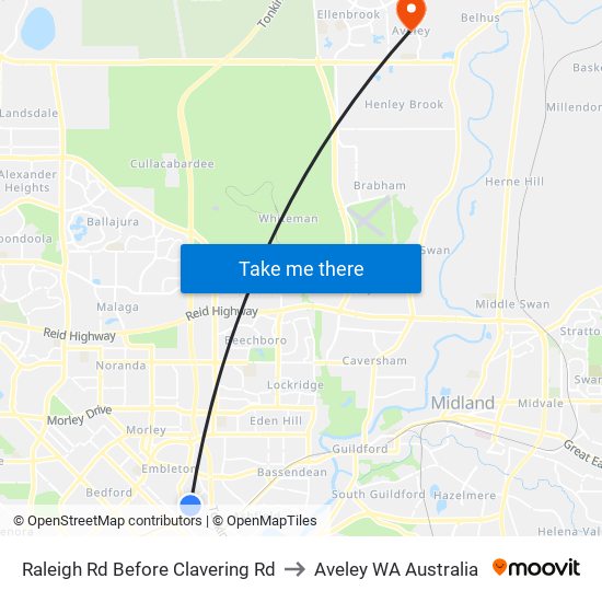 Raleigh Rd Before Clavering Rd to Aveley WA Australia map