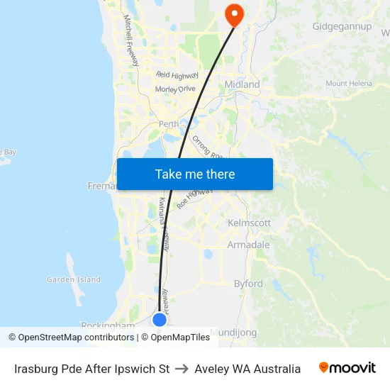 Irasburg Pde After Ipswich St to Aveley WA Australia map
