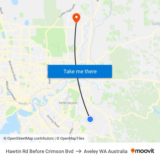 Hawtin Rd Before Crimson Bvd to Aveley WA Australia map