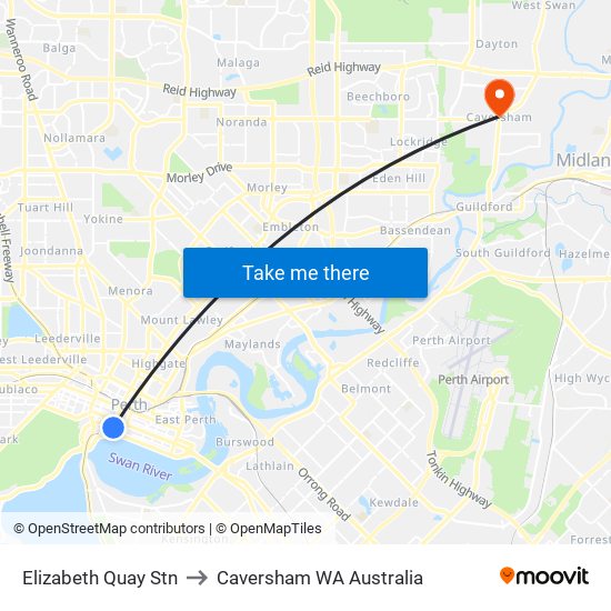 Elizabeth Quay Stn to Caversham WA Australia map