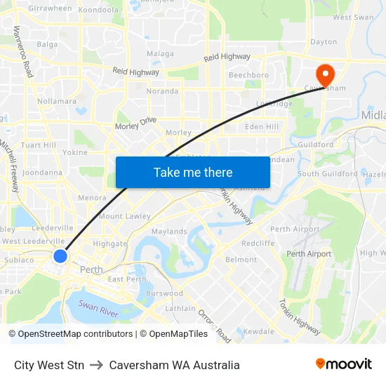 City West Stn to Caversham WA Australia map