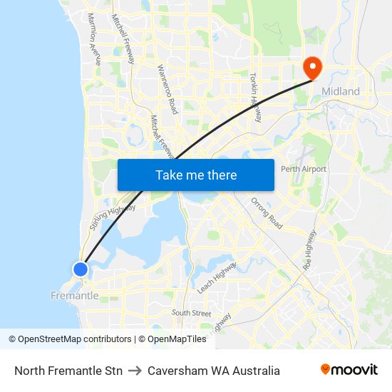 North Fremantle Stn to Caversham WA Australia map