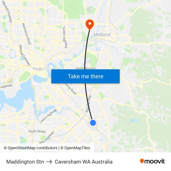 Maddington Stn to Caversham WA Australia map