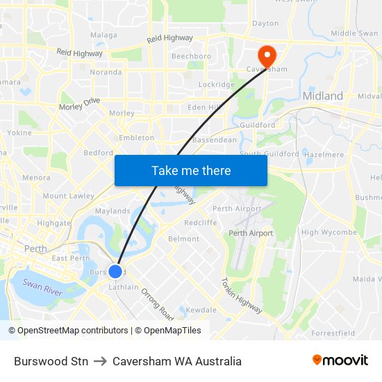 Burswood Stn to Caversham WA Australia map